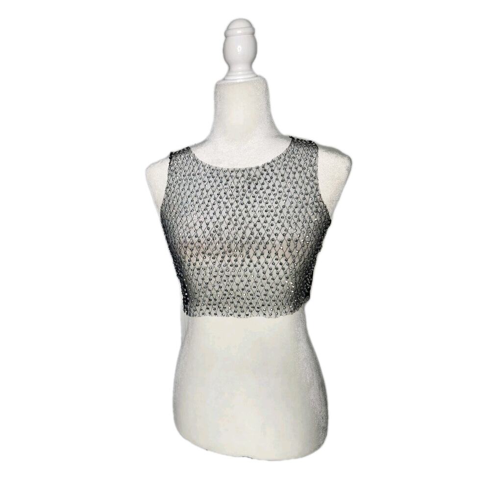 Women's Unbranded Sheer Black Crystal Rhinestones Mesh Cropped Top Ravewear